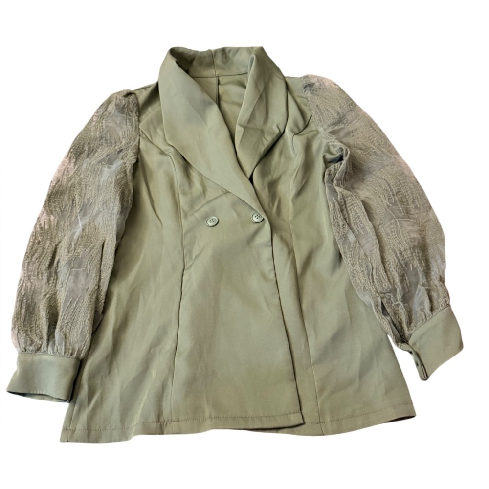 SHEIN Olive Green Double-Breasted Blazer with Sheer Puff Sleeves